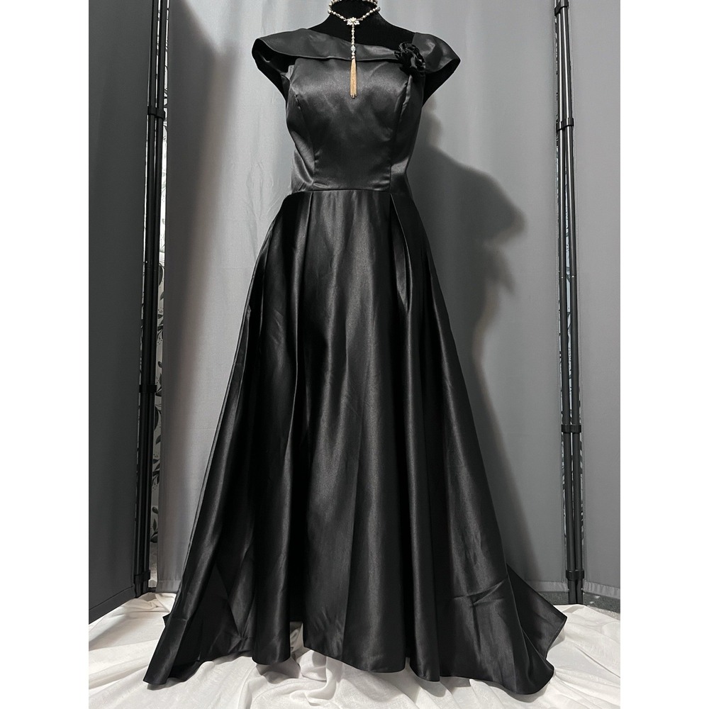 Black Satin Prom Gown High Low A Line Sz L 12 Formal Elegant Cocktail Evening #4